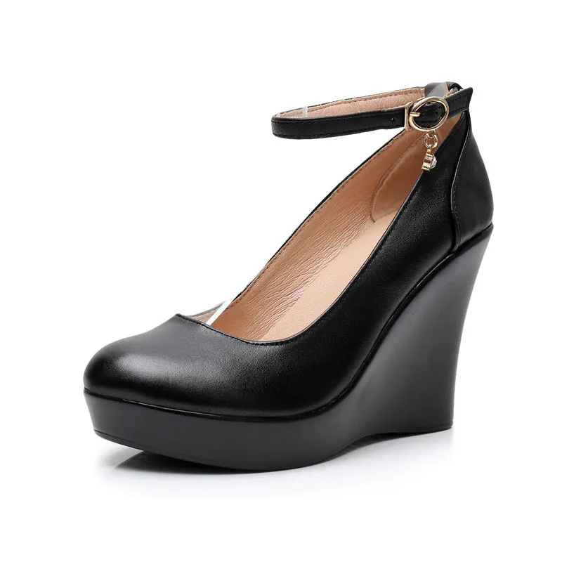 Fashion Ankle Strap High Wedges Platform Pumps For Women Casual Genuine Leather Black Work Shoes High Heels