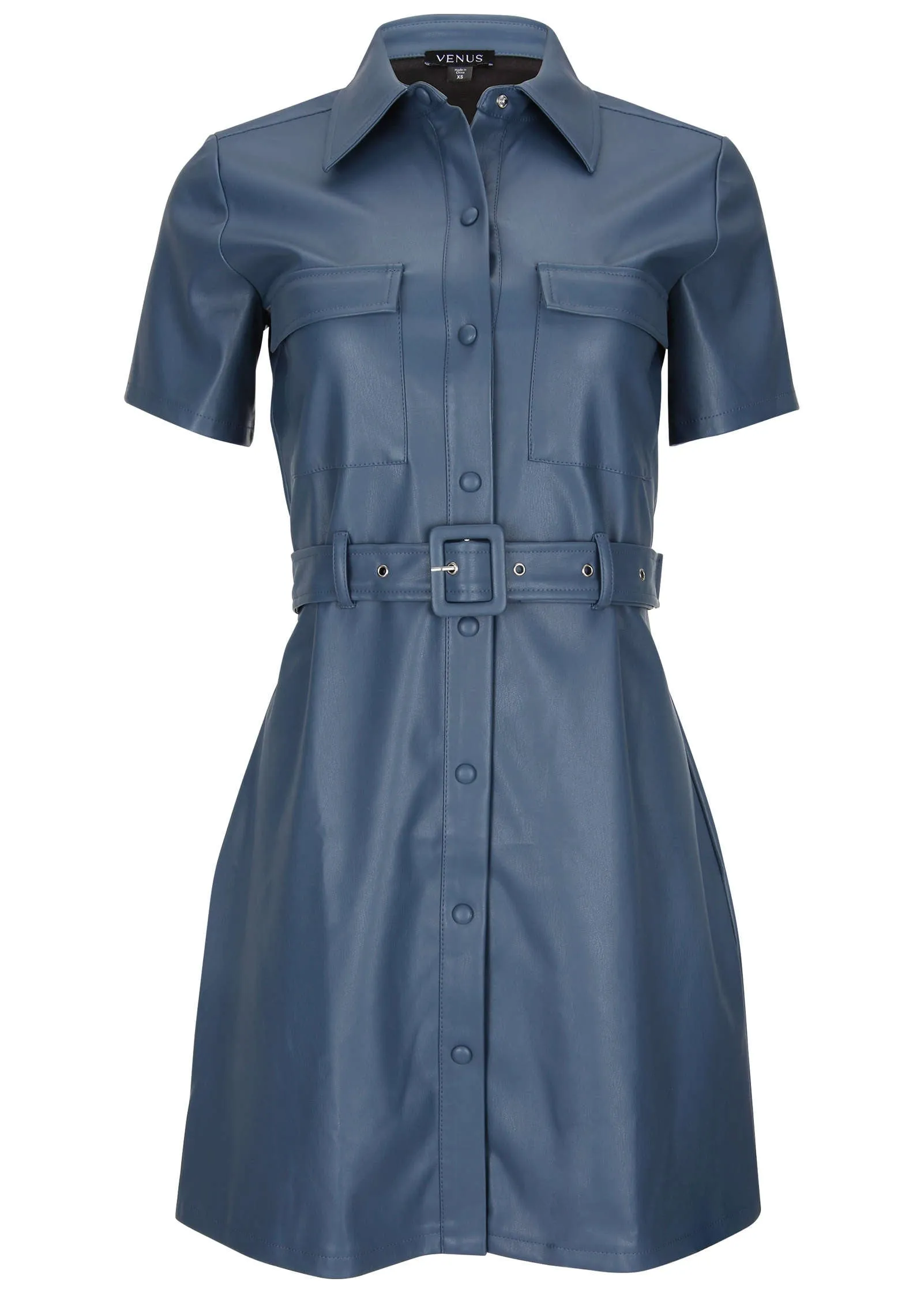 Faux Leather Shirt Dress - Vintage Indigo