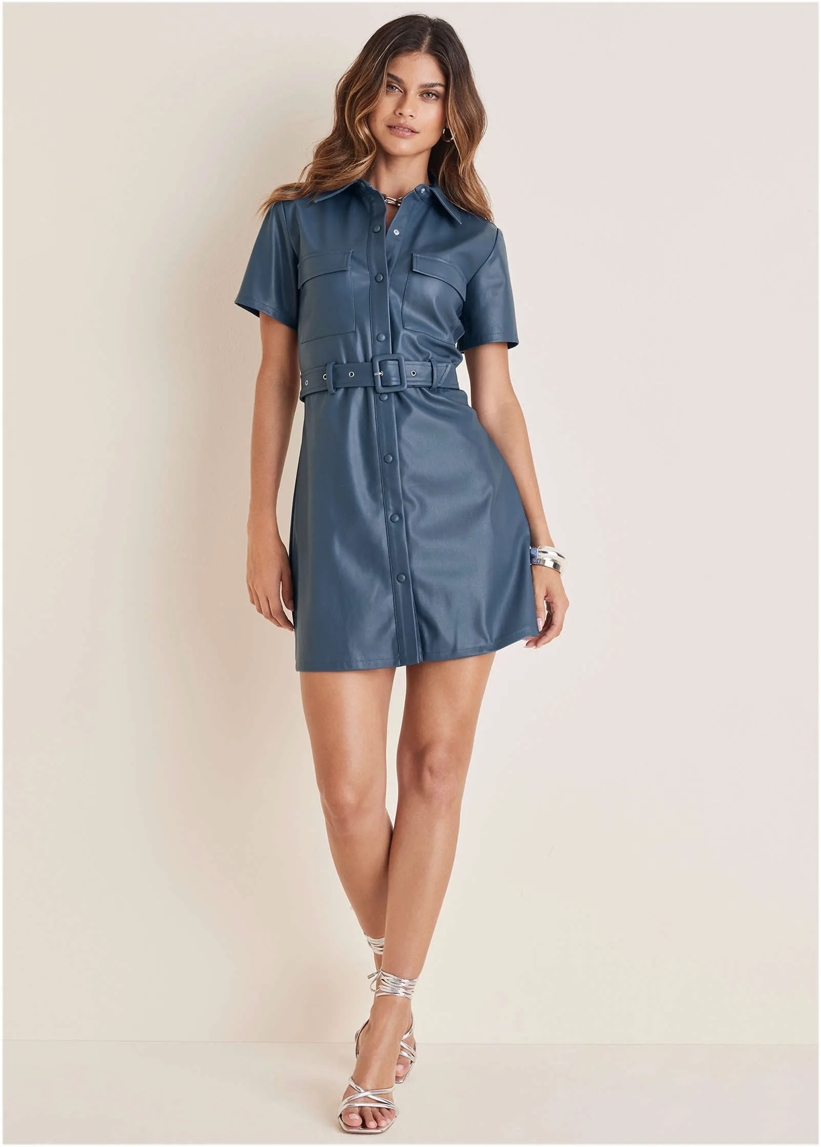 Faux Leather Shirt Dress - Vintage Indigo