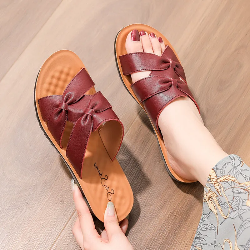 Flat Genuine Leather Soft Sole Non-slip Mama Slippers