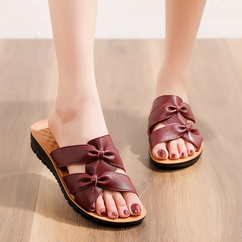 Flat Genuine Leather Soft Sole Non-slip Mama Slippers