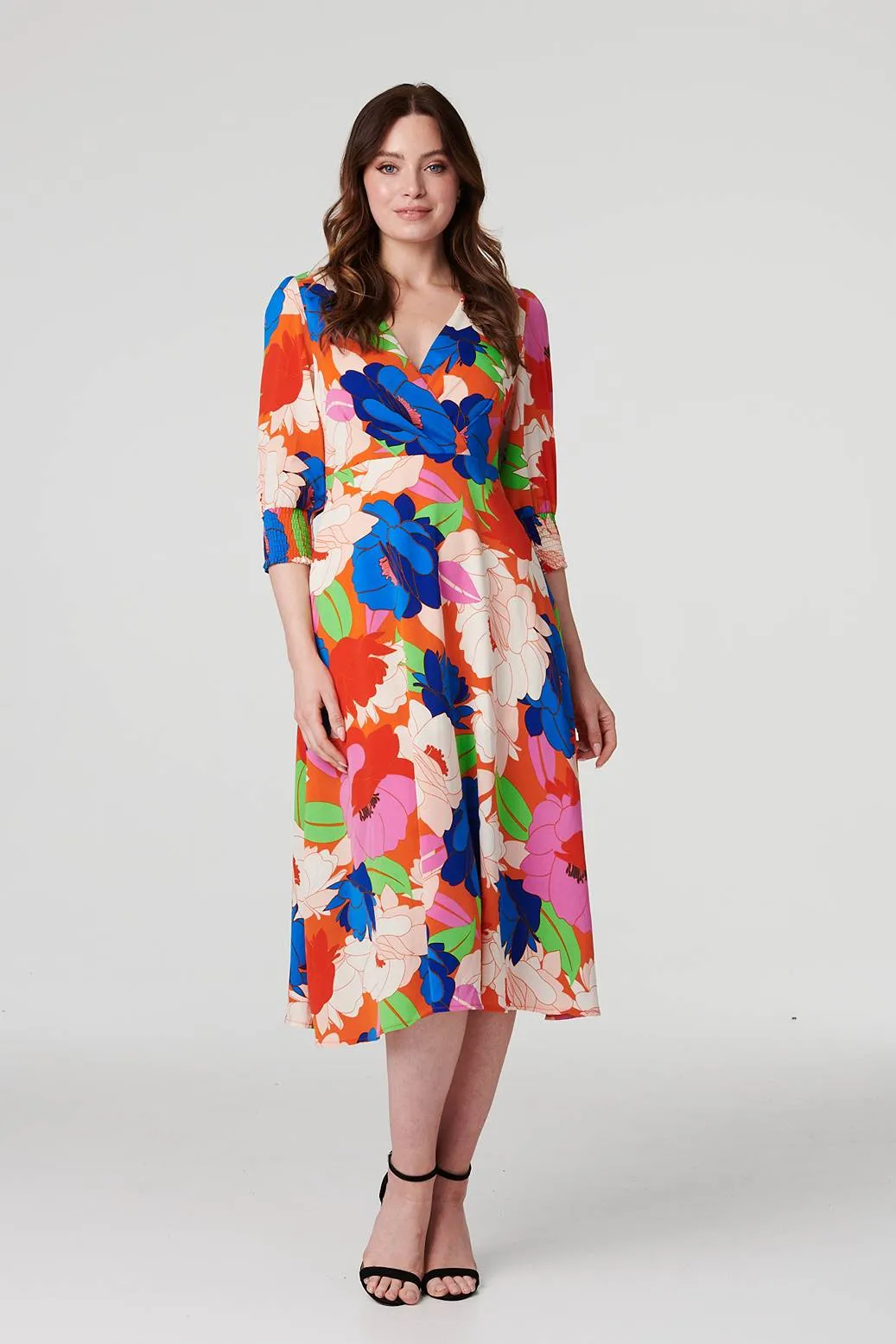 Floral 3/4 Sleeve Midi Dress