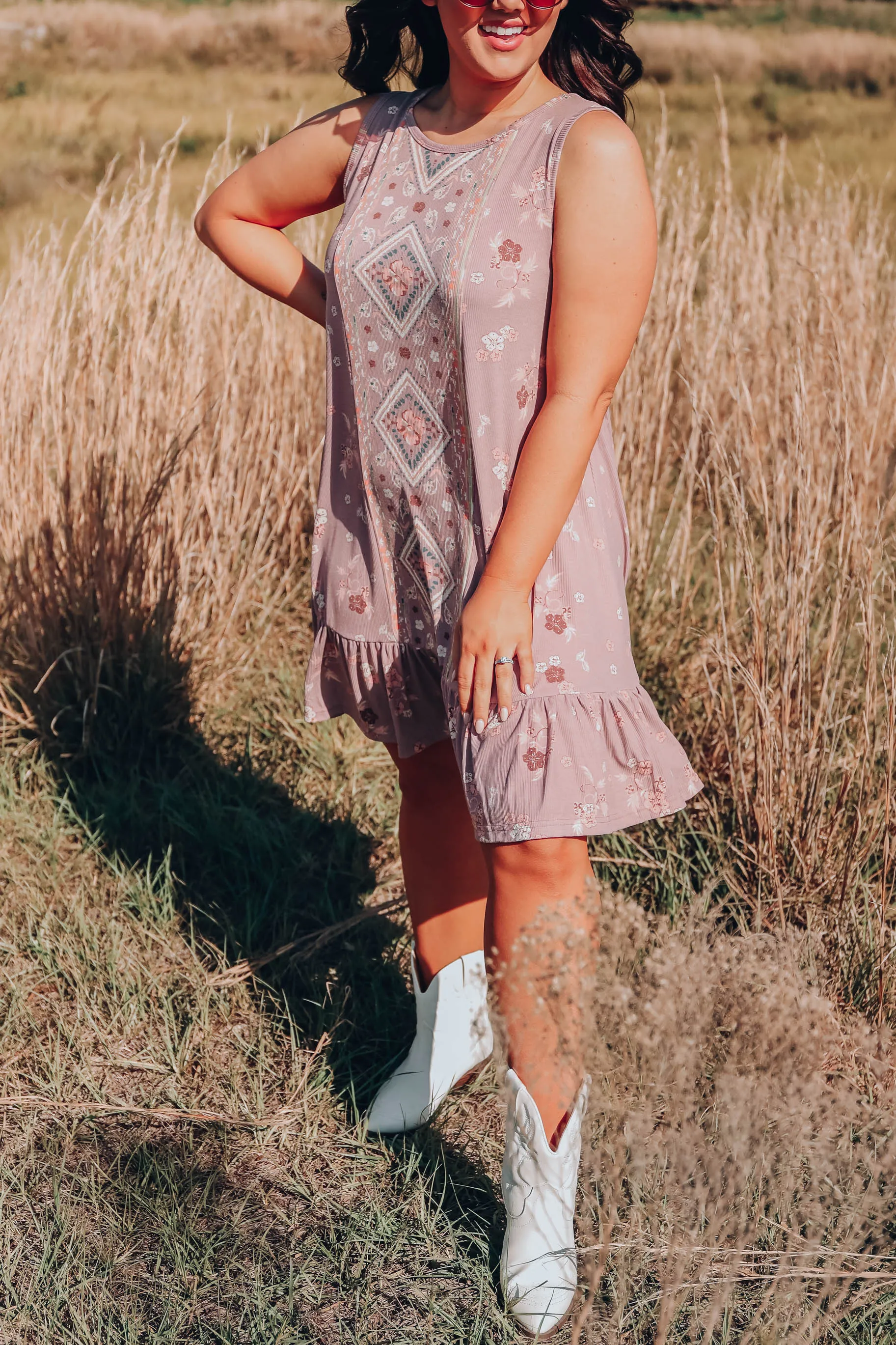 Floral Boho Sleeveless Dress - Mauve