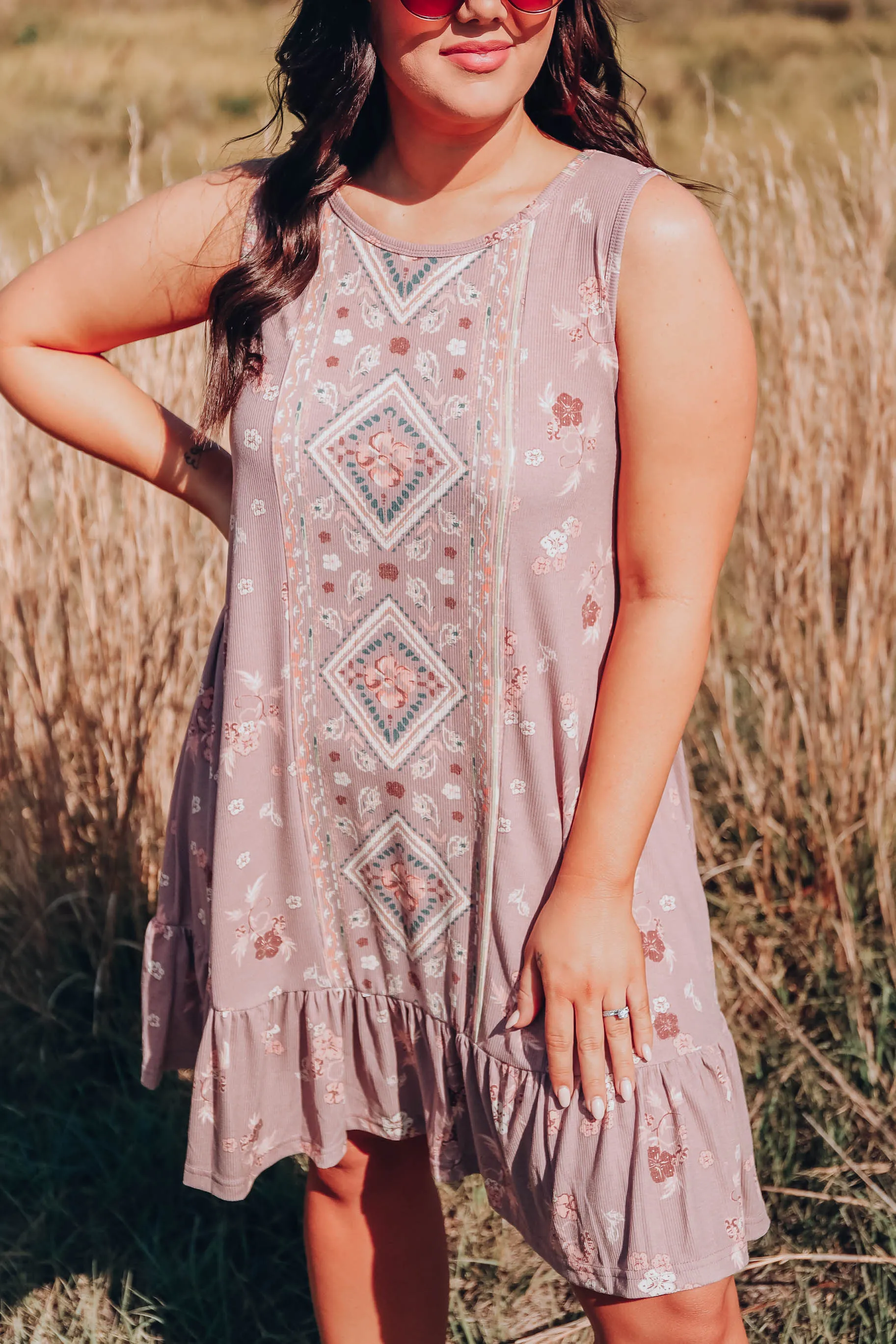 Floral Boho Sleeveless Dress - Mauve