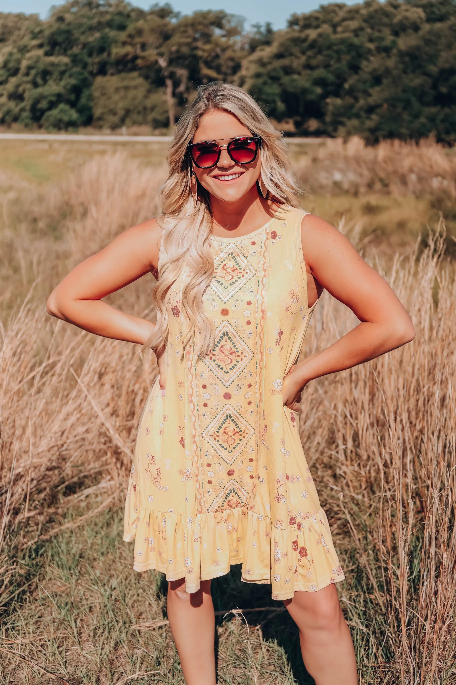 Floral Boho Sleeveless Dress - Mustard