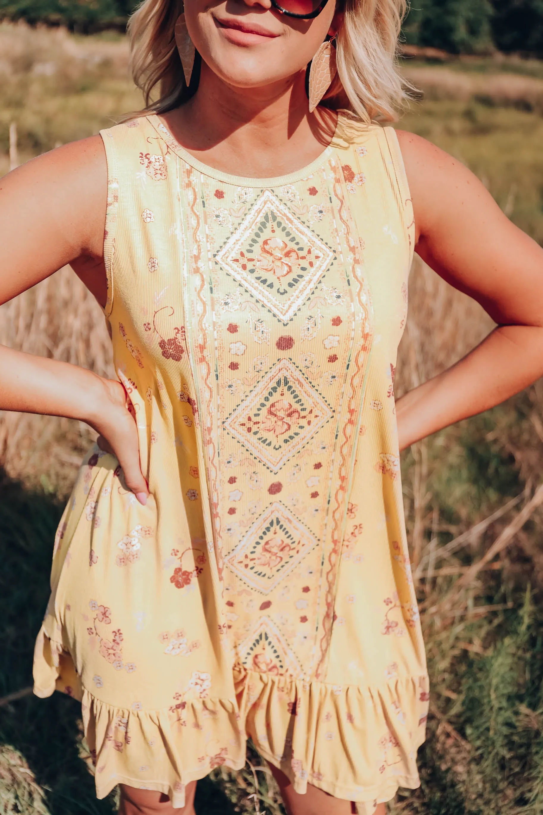 Floral Boho Sleeveless Dress - Mustard