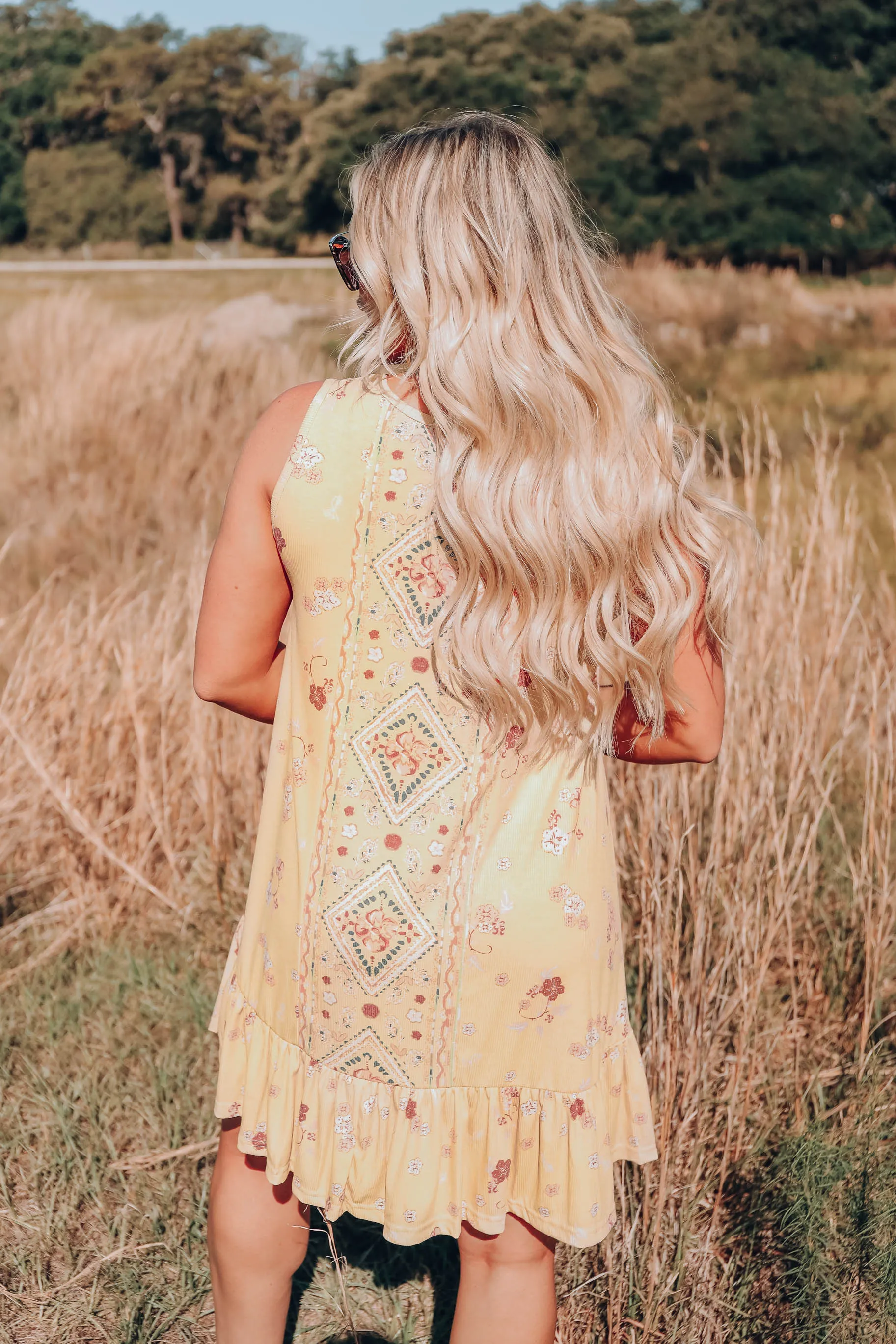 Floral Boho Sleeveless Dress - Mustard