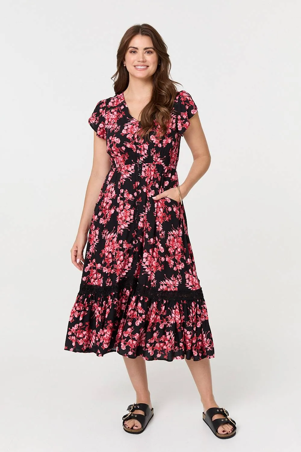 Floral Lace Trim V-Neck Shirred Midi Dress