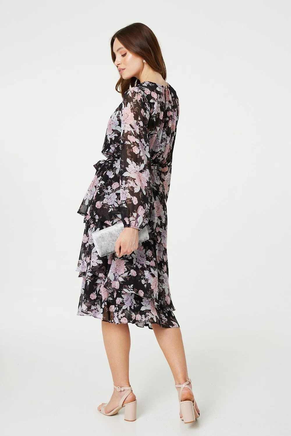 Floral Semi Sheer Layered Hem Midi Dress