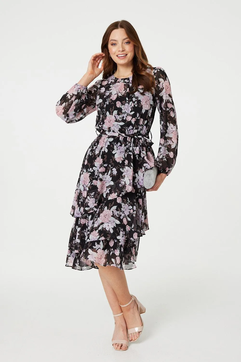 Floral Semi Sheer Layered Hem Midi Dress