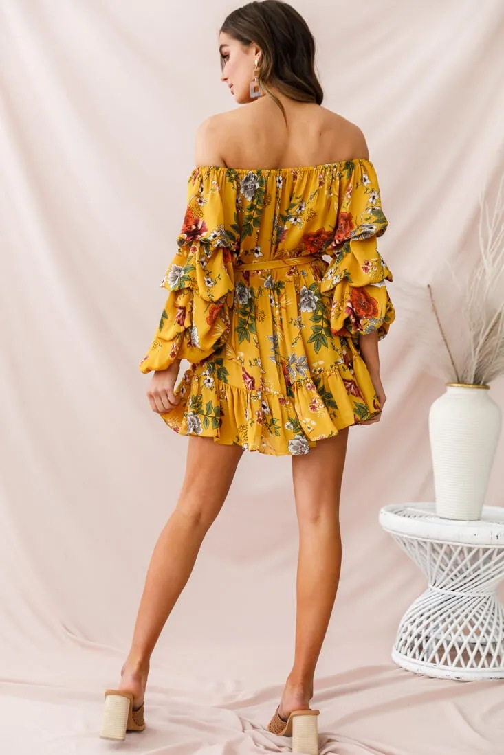 Frida Off-Shoulder Waist Tie Dress Yellow