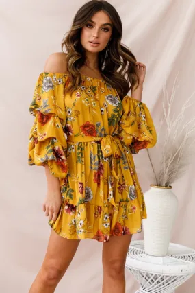 Frida Off-Shoulder Waist Tie Dress Yellow