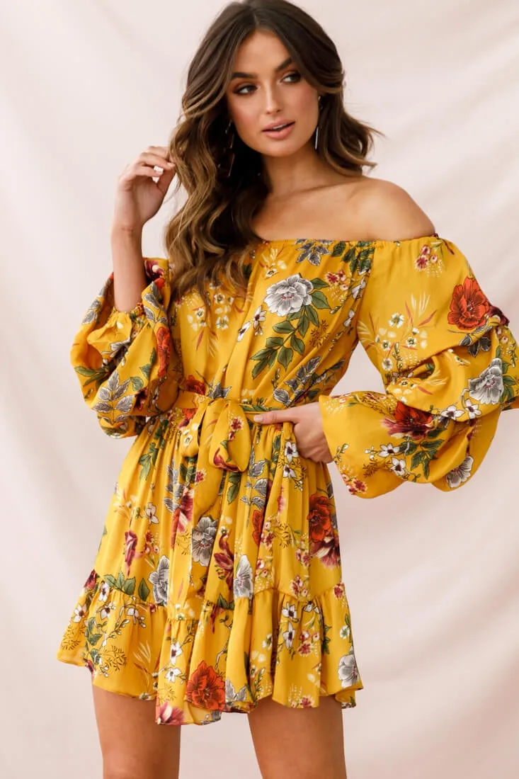 Frida Off-Shoulder Waist Tie Dress Yellow