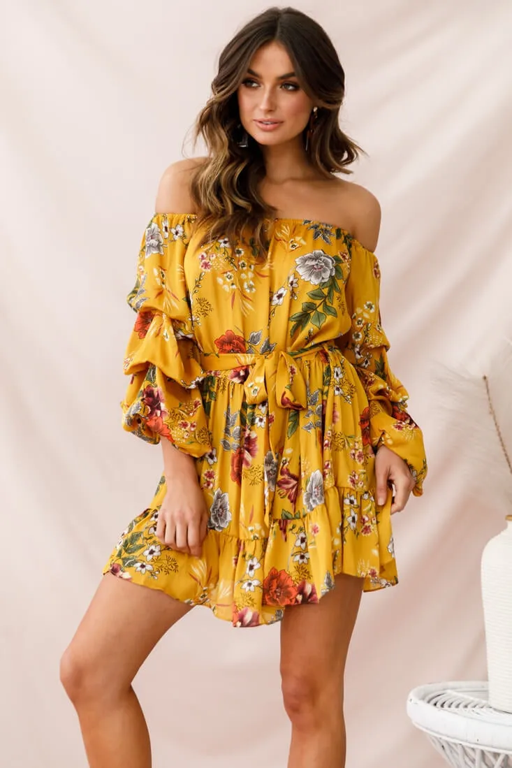 Frida Off-Shoulder Waist Tie Dress Yellow