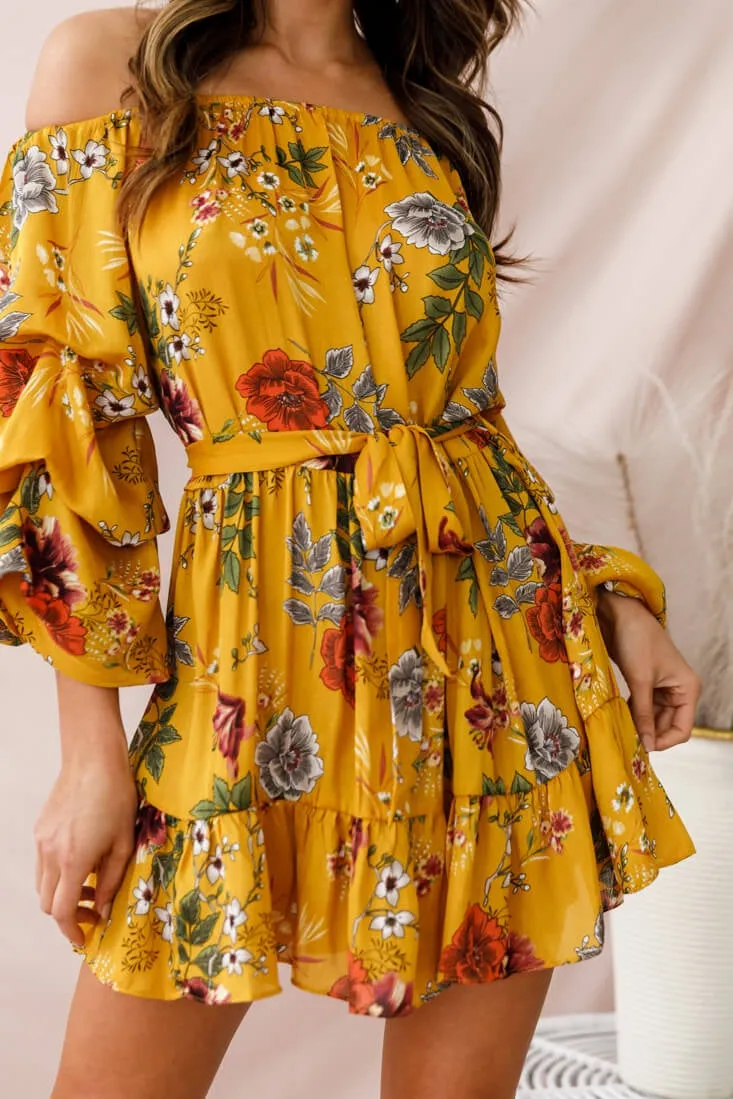 Frida Off-Shoulder Waist Tie Dress Yellow