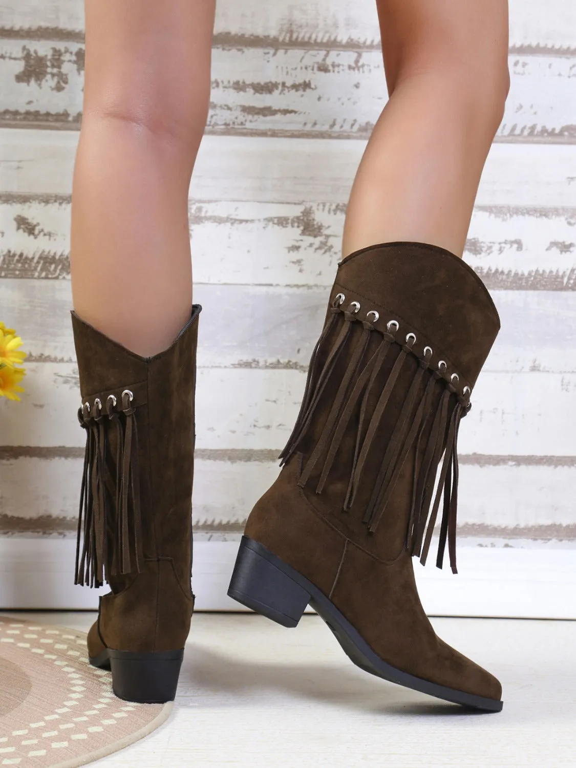 Fringe Suede Point Toe Block Heel Boots