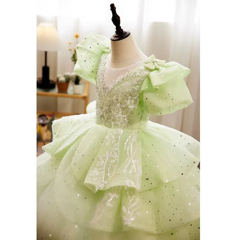 Girls Evening Dress Embroidered Sequin Birthday Mesh Party Princess Dress