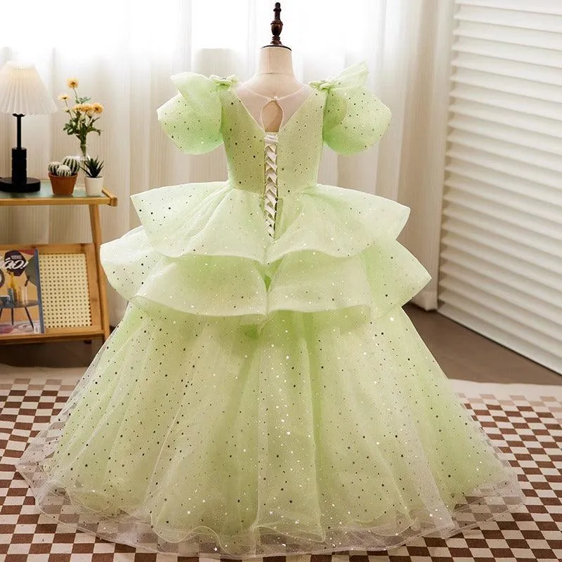 Girls Evening Dress Embroidered Sequin Birthday Mesh Party Princess Dress