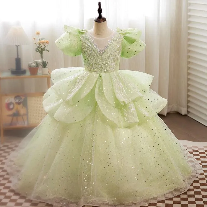 Girls Evening Dress Embroidered Sequin Birthday Mesh Party Princess Dress