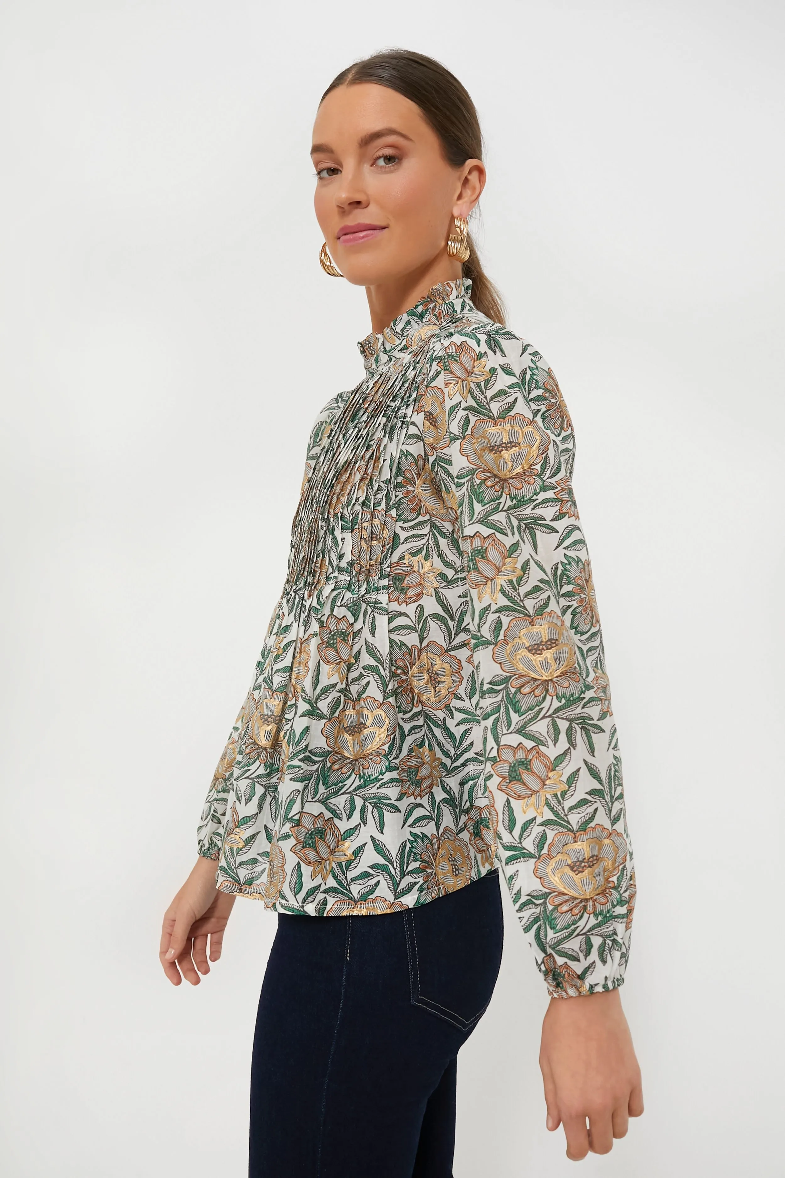 Green Hedera Long Sleeve Pintuck Blouse