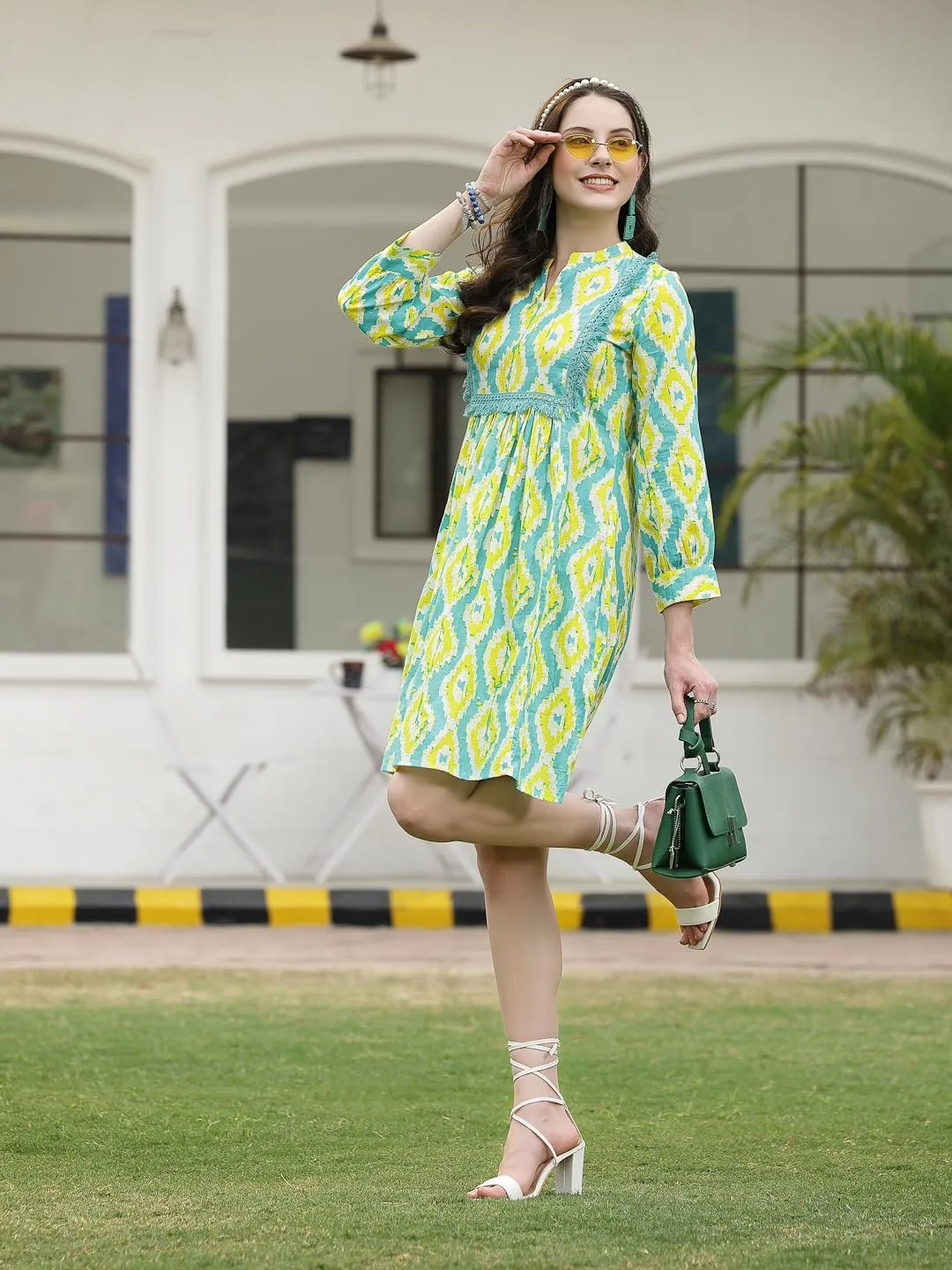 Green Tropical Printed Cotton A-Line Midi Dress with Mandarin Collar