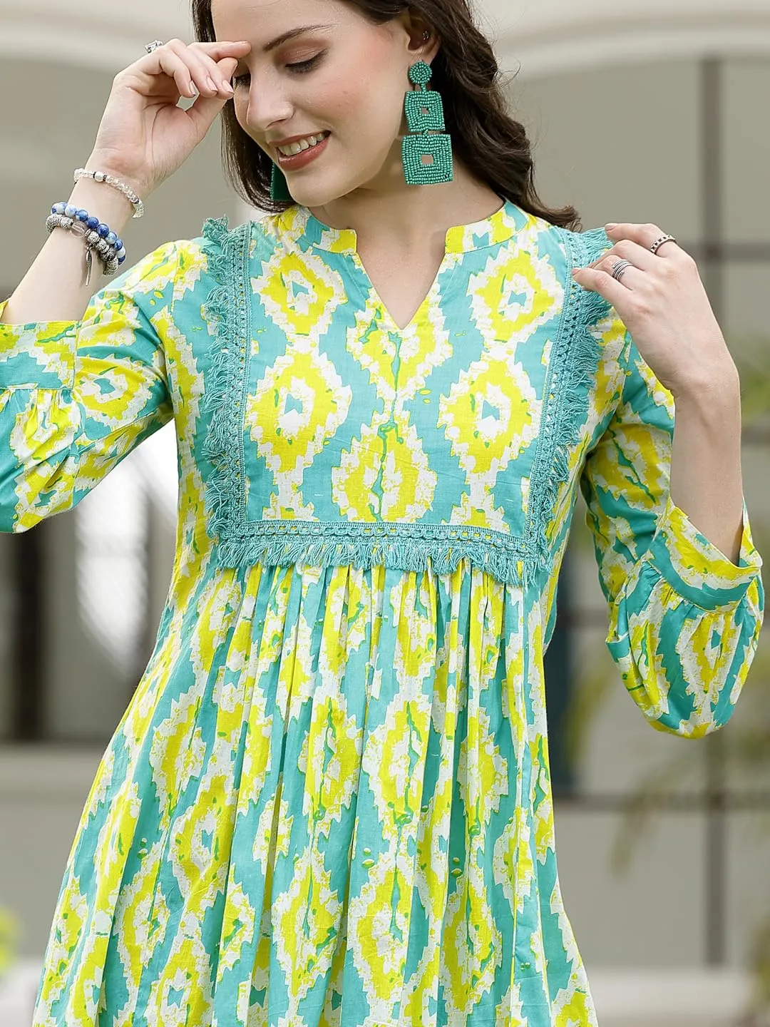 Green Tropical Printed Cotton A-Line Midi Dress with Mandarin Collar