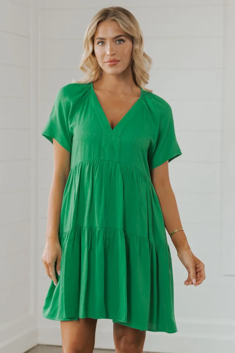 Green V Neck Tiered Mini Dress - FINAL SALE