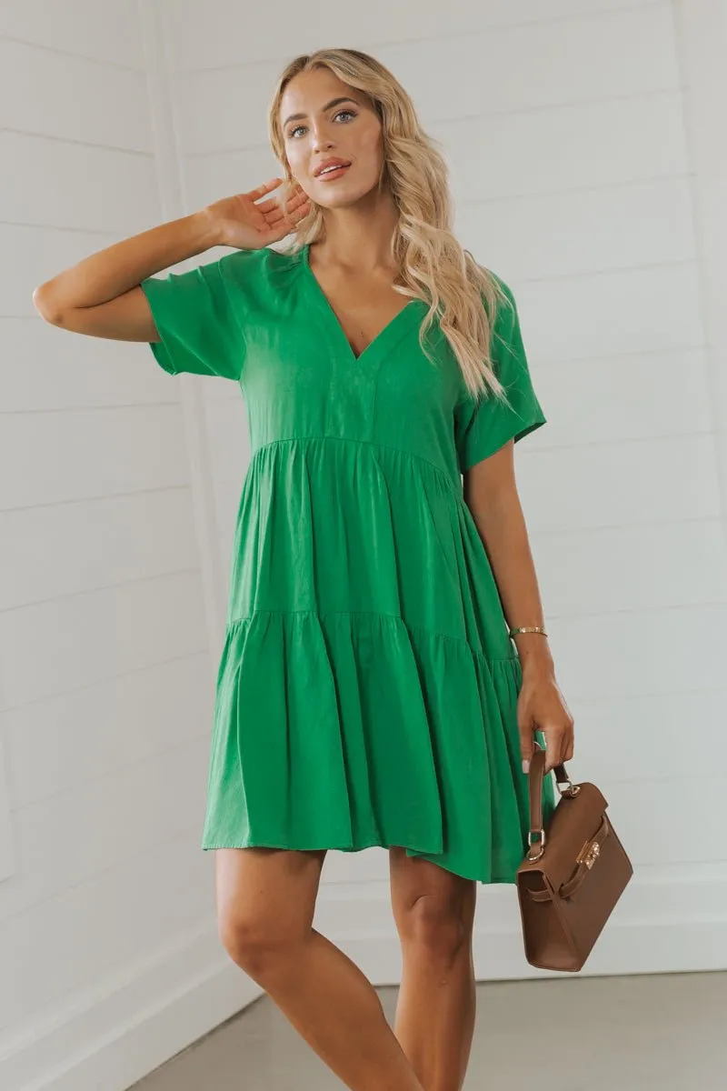 Green V Neck Tiered Mini Dress - FINAL SALE