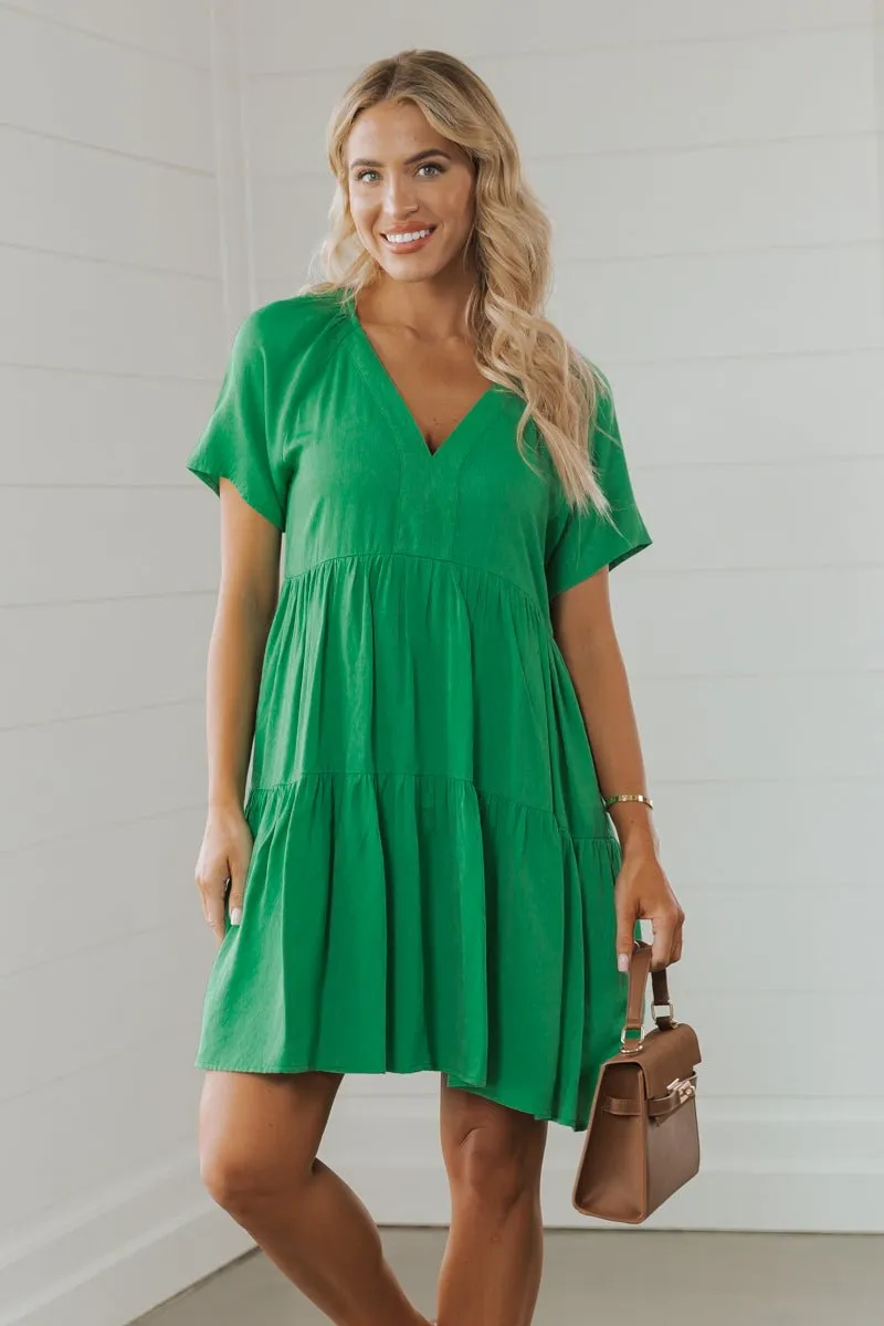 Green V Neck Tiered Mini Dress - FINAL SALE