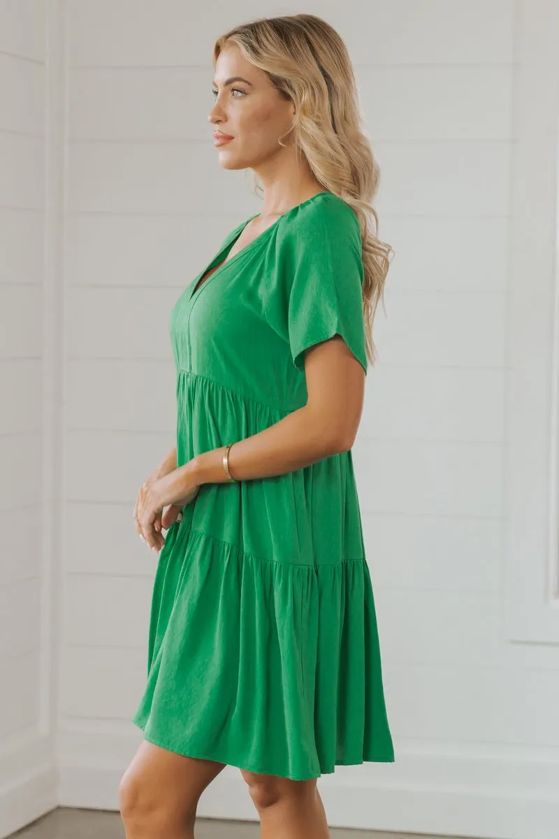 Green V Neck Tiered Mini Dress - FINAL SALE