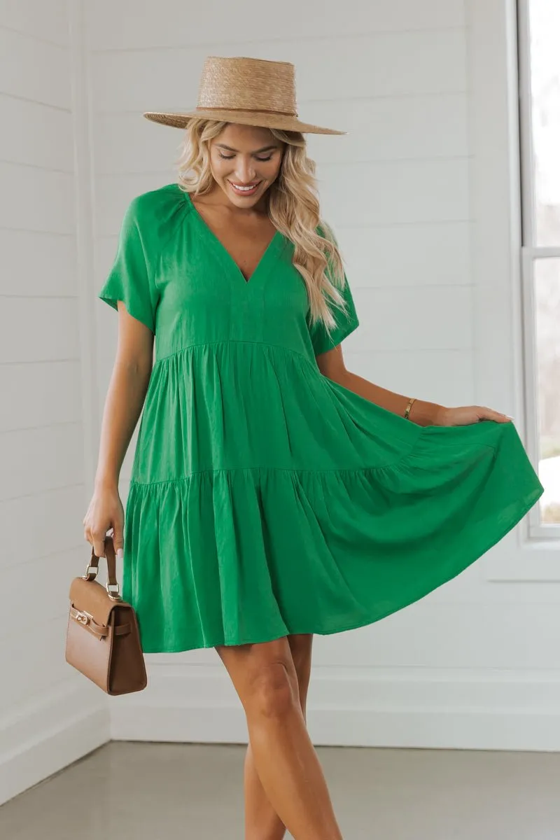 Green V Neck Tiered Mini Dress - FINAL SALE