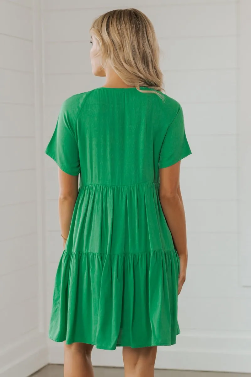 Green V Neck Tiered Mini Dress - FINAL SALE