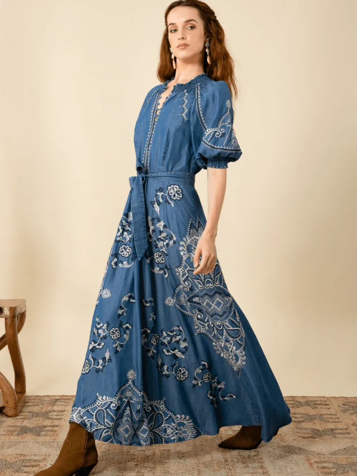 Hale Bob WYNTER Embroidered Chambray Midi Dress In Blue 45MW632T