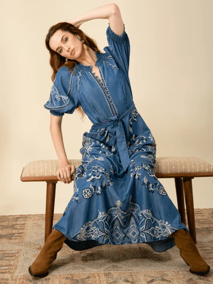 Hale Bob WYNTER Embroidered Chambray Midi Dress In Blue 45MW632T