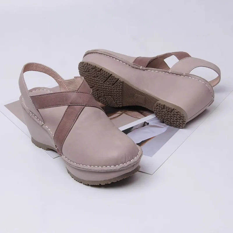 Handmade Leather Chunky Sandals Closed Toe in Nude/Black- Womens Platform Slingback