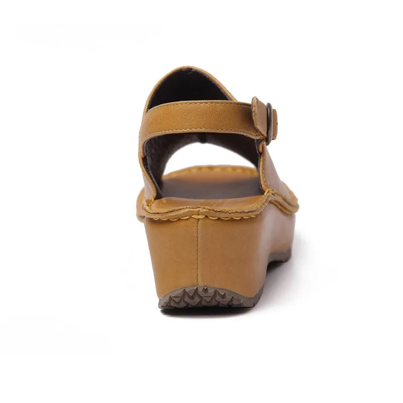 Handmade Leather Chunky Sandals Peep Toe Back Buckle in Yellow/Black/Beige- Womens Platform Slingback