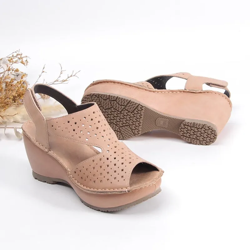 Handmade Leather Wedges Sandals Perforated Design Slingback in Black/Nude/Apricot