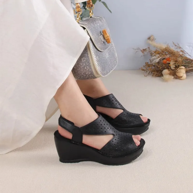 Handmade Leather Wedges Sandals Perforated Design Slingback in Black/Nude/Apricot