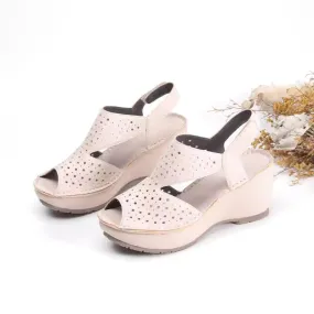 Handmade Leather Wedges Sandals Perforated Design Slingback in Black/Nude/Apricot