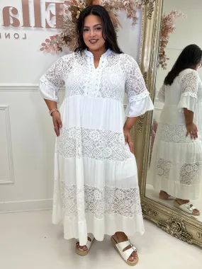 Indigo White Lace Tiered Summer Maxi Dress