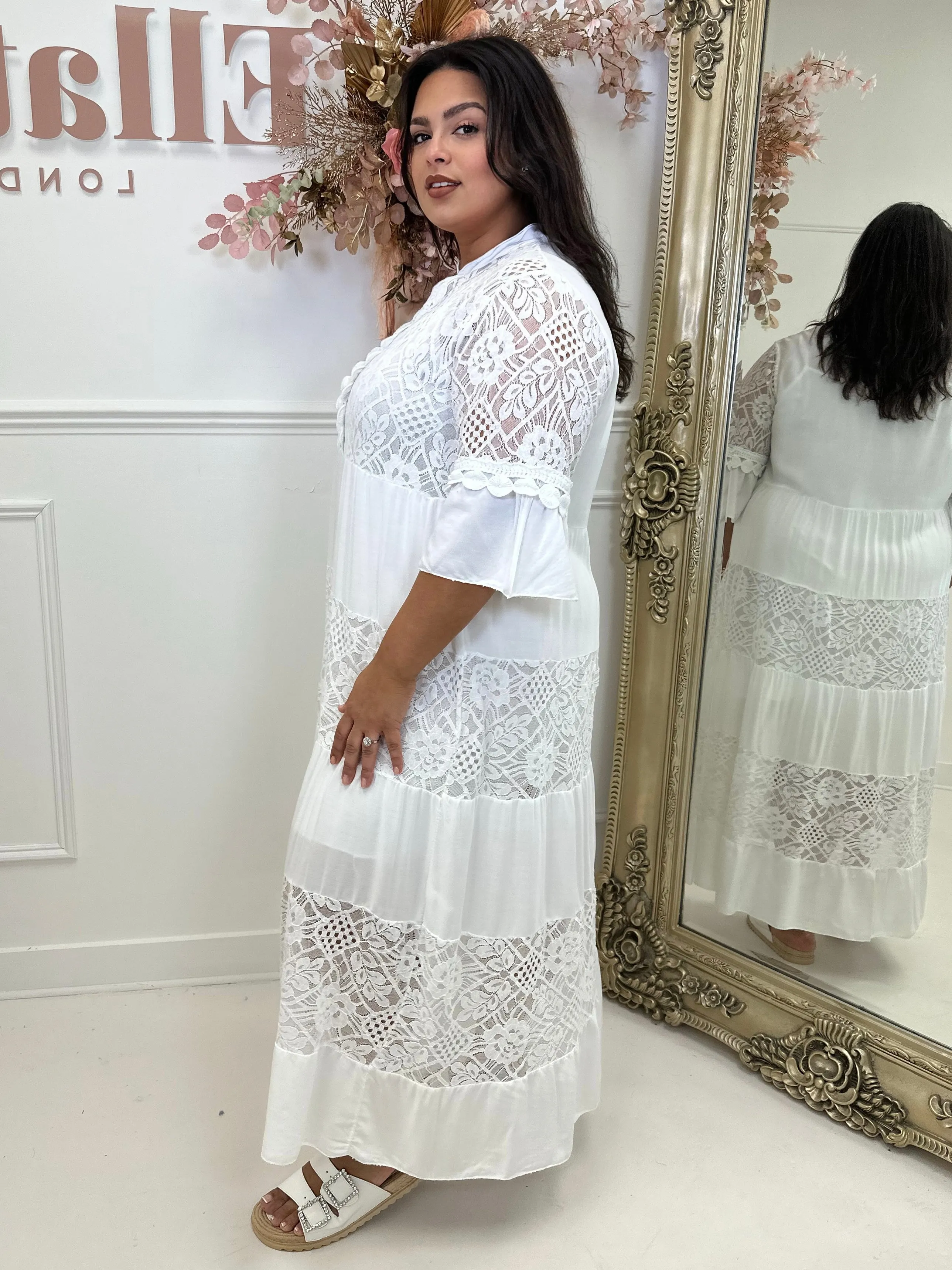 Indigo White Lace Tiered Summer Maxi Dress