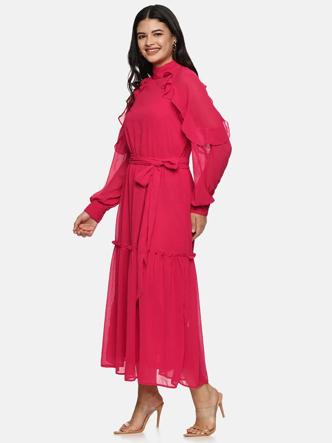 IS.U Pink Ruffled Blouson Sleeve Dress