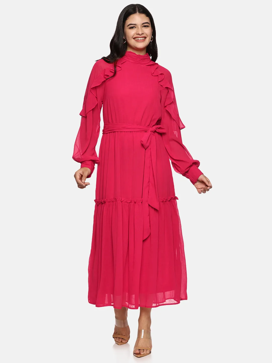 IS.U Pink Ruffled Blouson Sleeve Dress