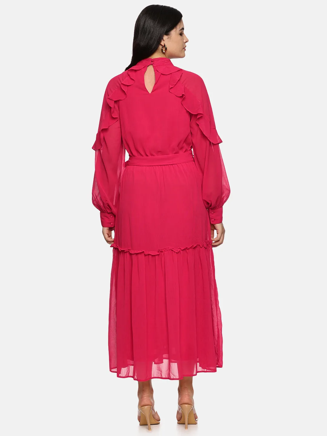 IS.U Pink Ruffled Blouson Sleeve Dress