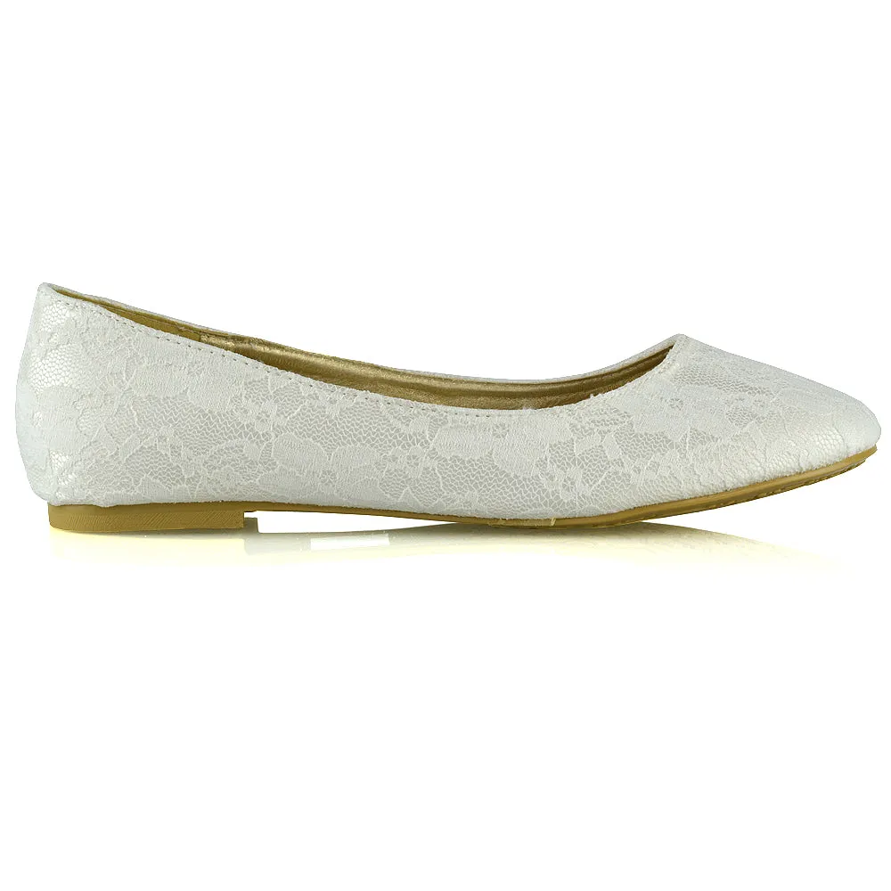 Keva Round Toe Lace Detail Slip on Wedding Flats Ballerina Bridal Pumps In Ivory Satin