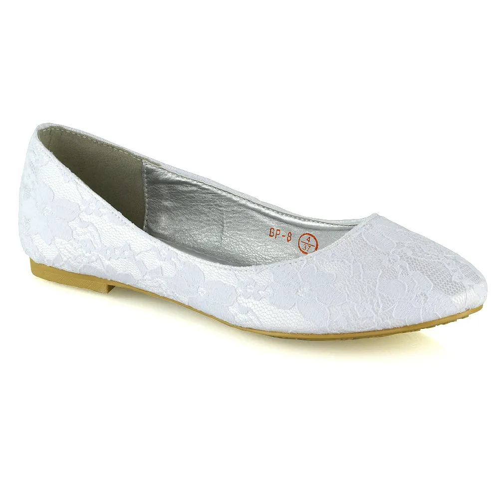 Keva Round Toe Lace Detail Slip on Wedding Flats Ballerina Bridal Pumps In Ivory Satin