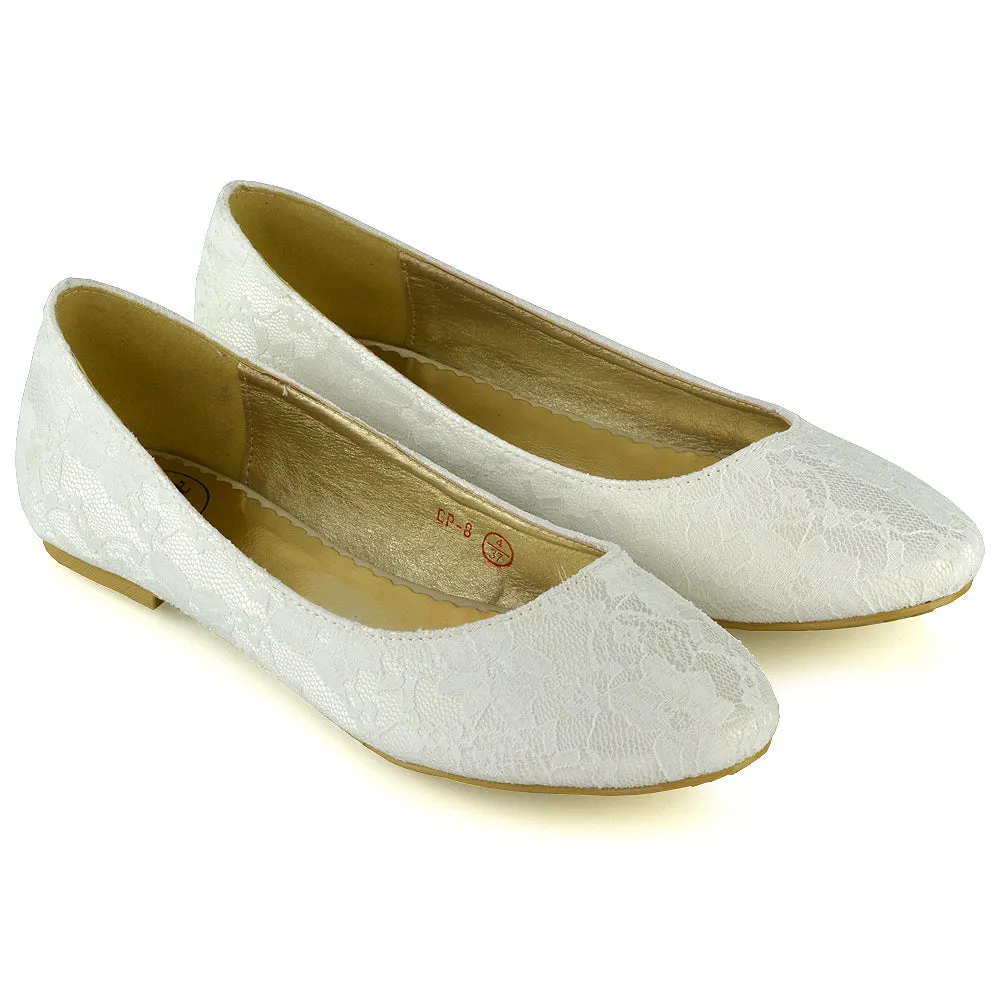 Keva Round Toe Lace Detail Slip on Wedding Flats Ballerina Bridal Pumps In Ivory Satin