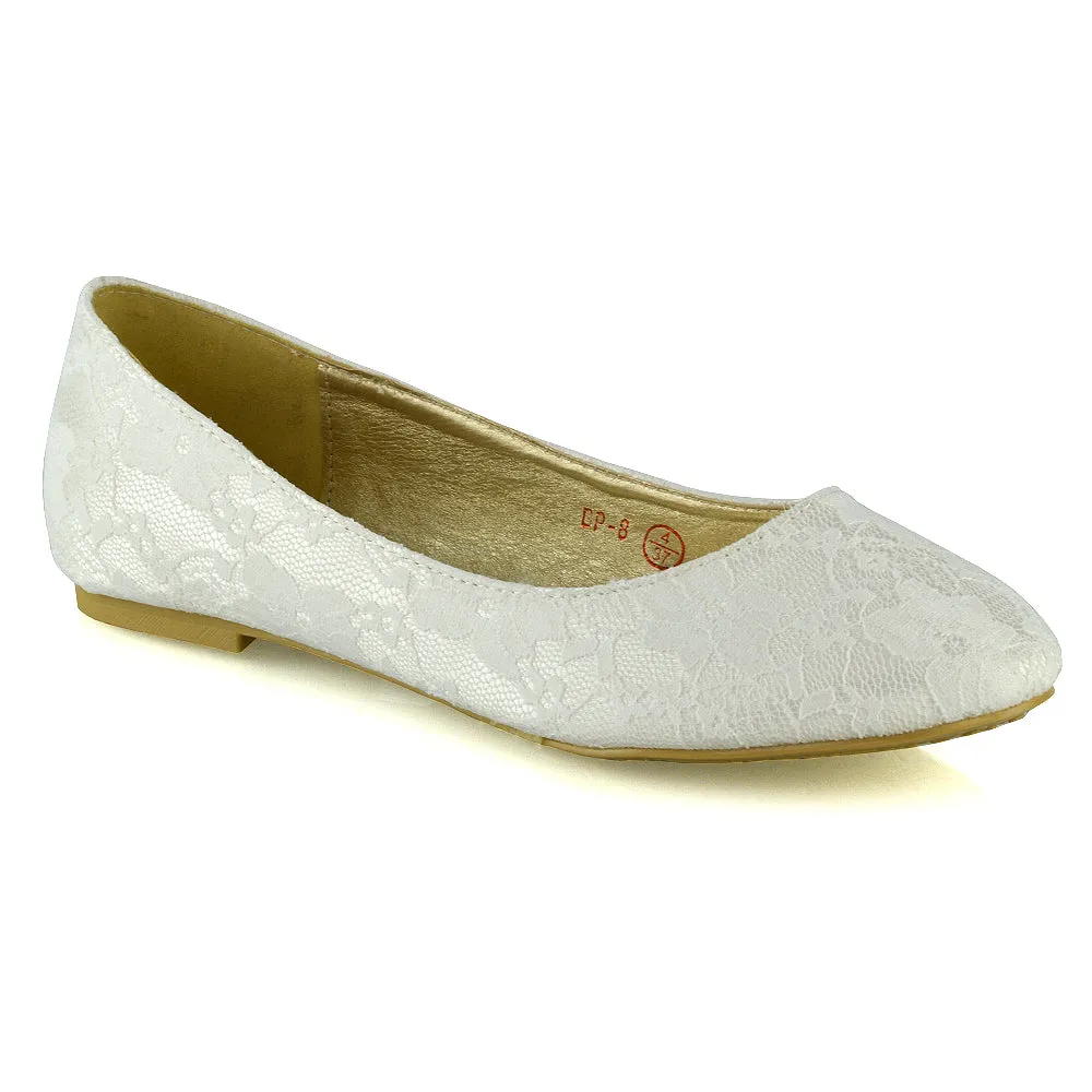 Keva Round Toe Lace Detail Slip on Wedding Flats Ballerina Bridal Pumps In Ivory Satin