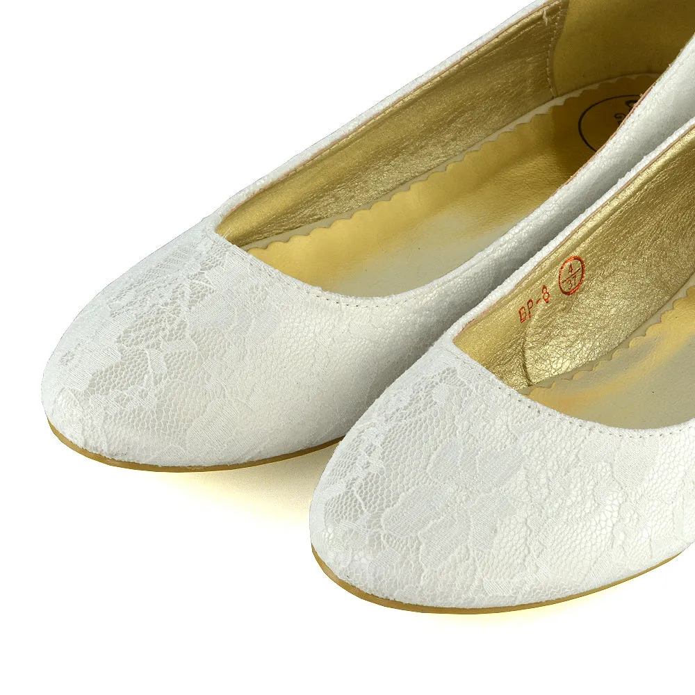 Keva Round Toe Lace Detail Slip on Wedding Flats Ballerina Bridal Pumps In Ivory Satin