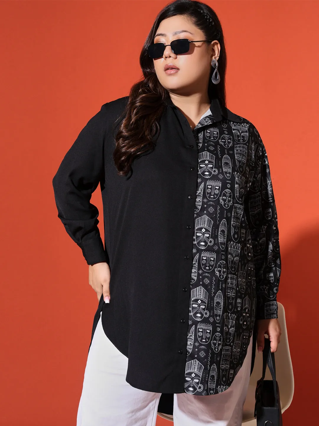 KOKO - BLACK HALF MOTIF PRINTED PLUS SHIRT